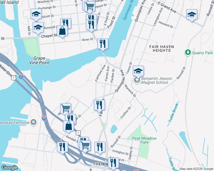 map of restaurants, bars, coffee shops, grocery stores, and more near 127 Farren Avenue in New Haven