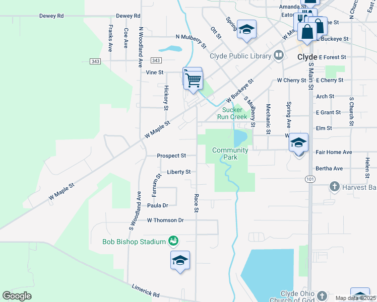 map of restaurants, bars, coffee shops, grocery stores, and more near in Clyde