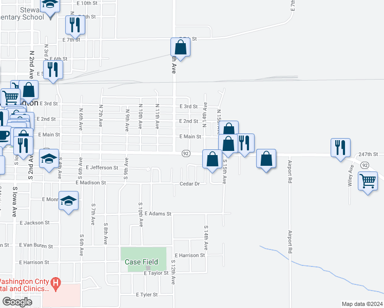 map of restaurants, bars, coffee shops, grocery stores, and more near 1307 East Washington Street in Washington