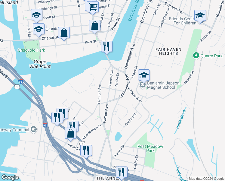 map of restaurants, bars, coffee shops, grocery stores, and more near 127 Farren Avenue in New Haven