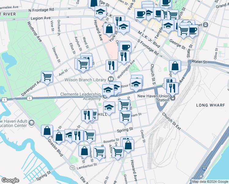 map of restaurants, bars, coffee shops, grocery stores, and more near 622 Howard Avenue in New Haven