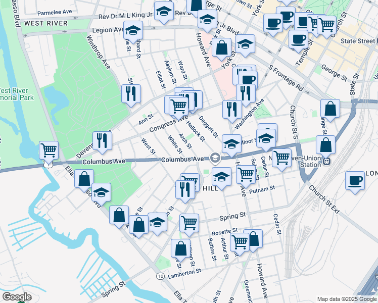 map of restaurants, bars, coffee shops, grocery stores, and more near 395 Columbus Avenue in New Haven