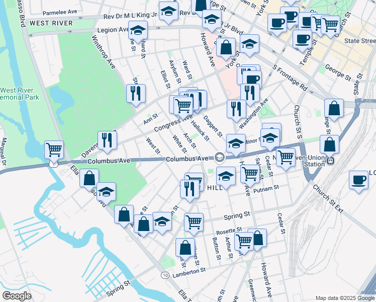 map of restaurants, bars, coffee shops, grocery stores, and more near 395 Columbus Avenue in New Haven