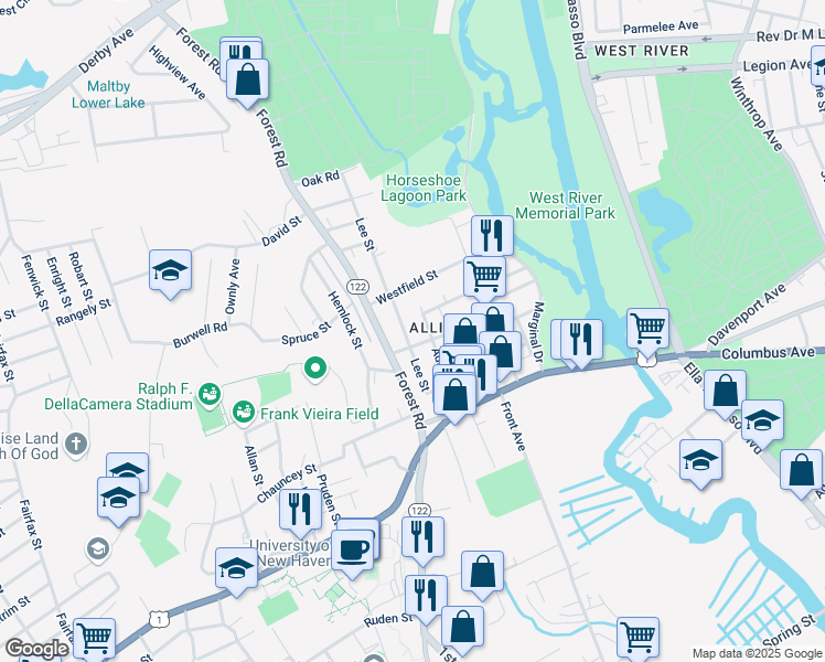 map of restaurants, bars, coffee shops, grocery stores, and more near 62 Lee Street in West Haven