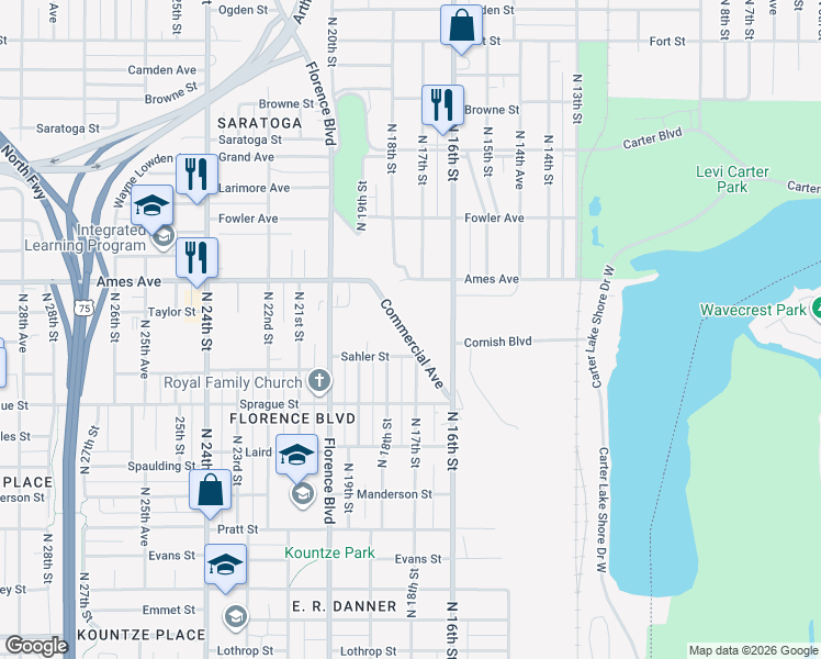 map of restaurants, bars, coffee shops, grocery stores, and more near 4405 Commercial Avenue in Omaha
