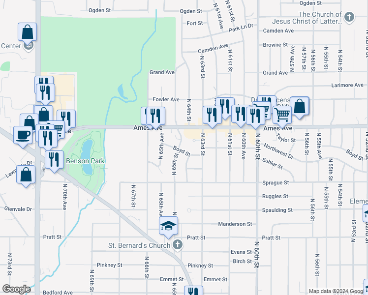 map of restaurants, bars, coffee shops, grocery stores, and more near 6406 Boyd Street in Omaha