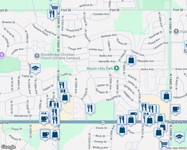 map of restaurants, bars, coffee shops, grocery stores, and more near 15118 Boyd Street in Omaha