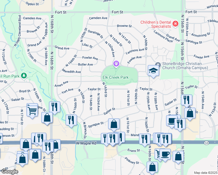 map of restaurants, bars, coffee shops, grocery stores, and more near 4326 North 163rd Street in Omaha