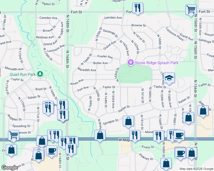 map of restaurants, bars, coffee shops, grocery stores, and more near 16356 Taylor Street in Omaha