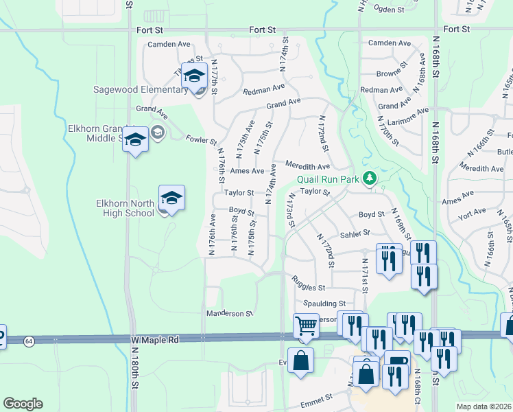 map of restaurants, bars, coffee shops, grocery stores, and more near 17552 Boyd Street in Omaha