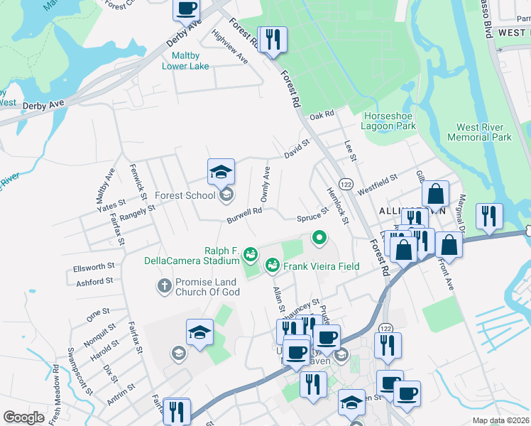 map of restaurants, bars, coffee shops, grocery stores, and more near 48 Burwell Road in West Haven