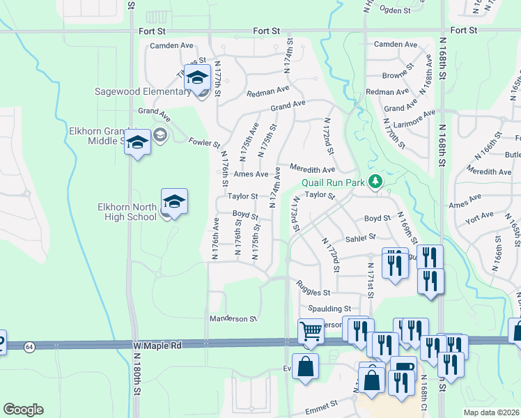 map of restaurants, bars, coffee shops, grocery stores, and more near 17552 Boyd Street in Omaha