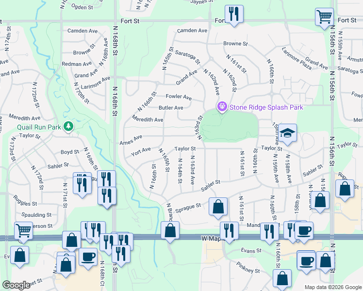 map of restaurants, bars, coffee shops, grocery stores, and more near 16356 Taylor Street in Omaha