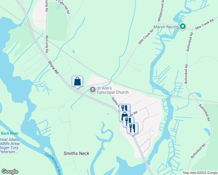 map of restaurants, bars, coffee shops, grocery stores, and more near 4 Bailey Road in Old Lyme