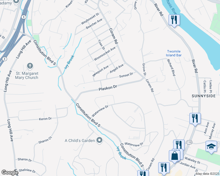 map of restaurants, bars, coffee shops, grocery stores, and more near 46 Plaskon Drive in Shelton