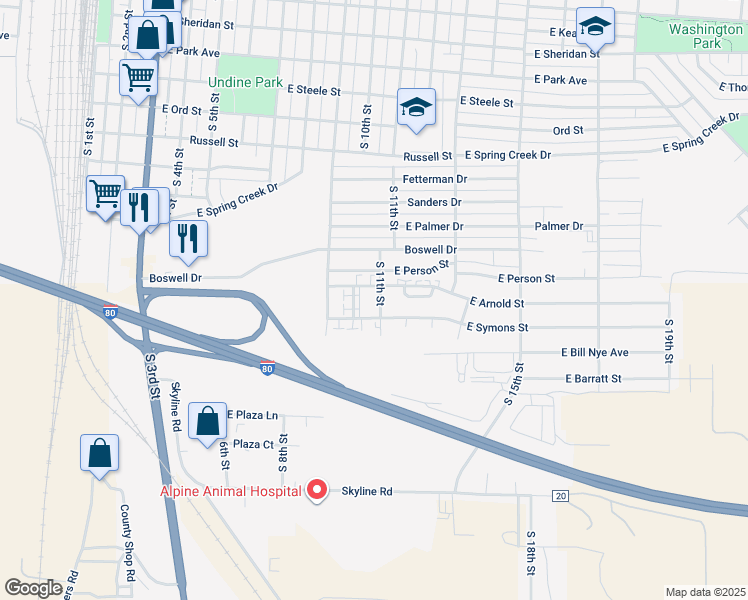 map of restaurants, bars, coffee shops, grocery stores, and more near 1818 South 11th Street in Laramie