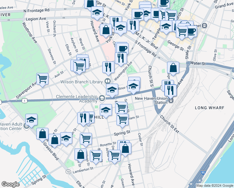 map of restaurants, bars, coffee shops, grocery stores, and more near 629 Howard Avenue in New Haven