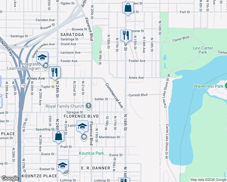 map of restaurants, bars, coffee shops, grocery stores, and more near 4405 Commercial Avenue in Omaha