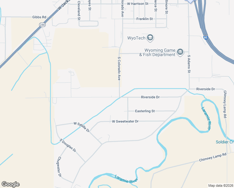 map of restaurants, bars, coffee shops, grocery stores, and more near 2265 Riverside Drive in Laramie
