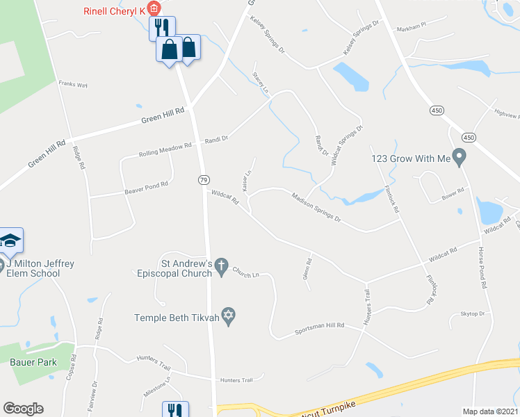 map of restaurants, bars, coffee shops, grocery stores, and more near 93 Madison Springs Drive in Madison