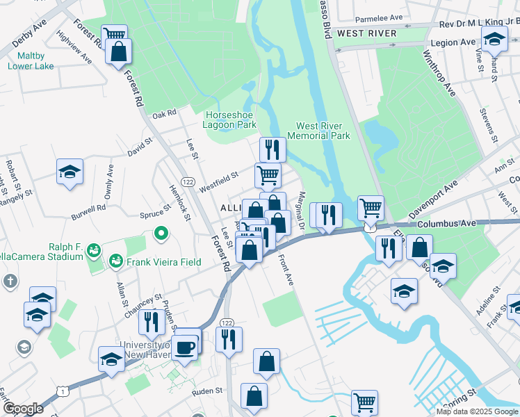 map of restaurants, bars, coffee shops, grocery stores, and more near 22 Bristol Street in West Haven