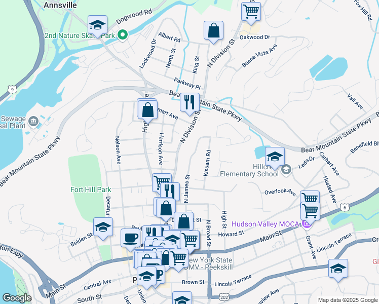 map of restaurants, bars, coffee shops, grocery stores, and more near 70 North James Street in Peekskill