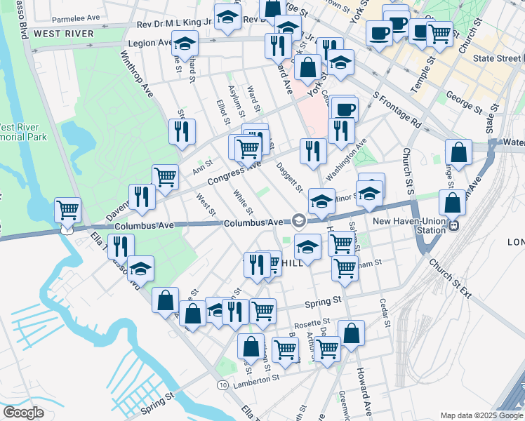 map of restaurants, bars, coffee shops, grocery stores, and more near 2 White Street in New Haven