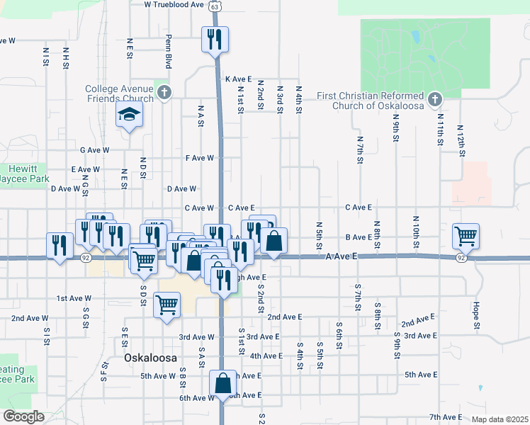 map of restaurants, bars, coffee shops, grocery stores, and more near 317 North 2nd Street in Oskaloosa