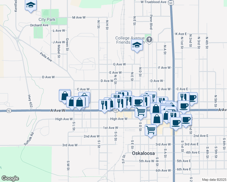 map of restaurants, bars, coffee shops, grocery stores, and more near 353 North G Street in Oskaloosa