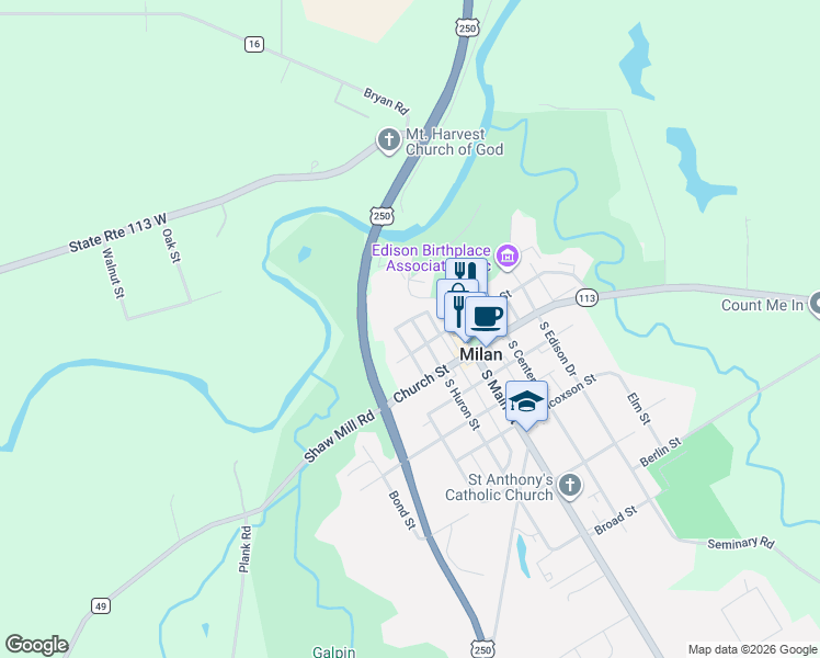 map of restaurants, bars, coffee shops, grocery stores, and more near 23 West Front Street in Milan