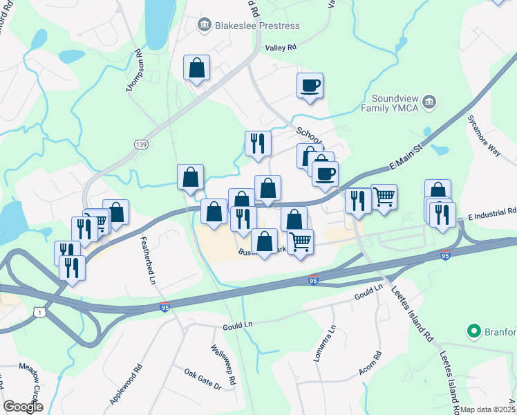 map of restaurants, bars, coffee shops, grocery stores, and more near 483 East Main Street in Branford