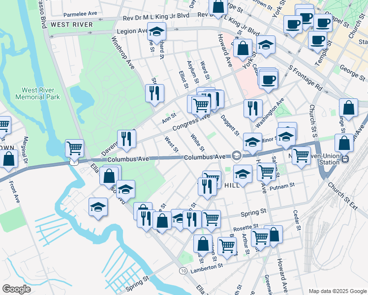 map of restaurants, bars, coffee shops, grocery stores, and more near 437 Columbus Avenue in New Haven