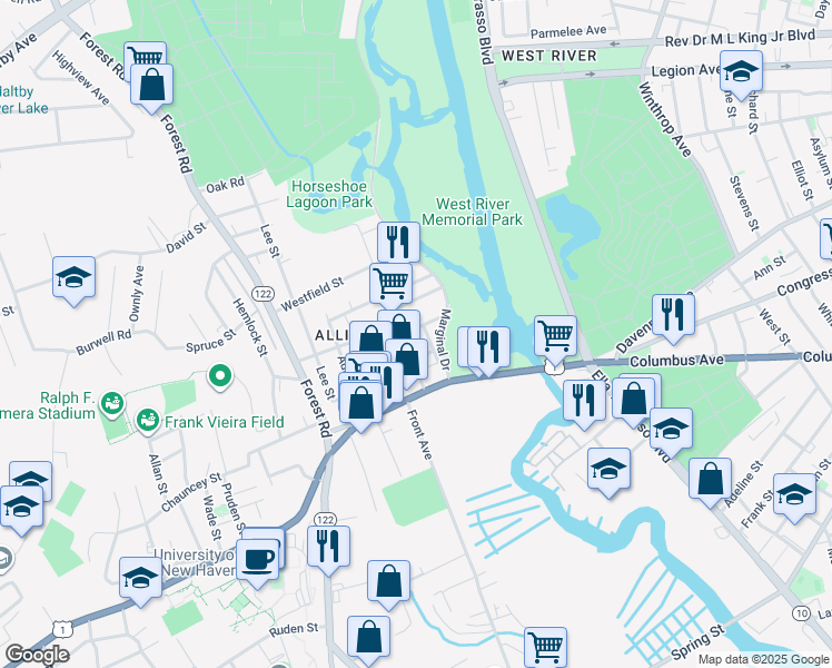 map of restaurants, bars, coffee shops, grocery stores, and more near 47 Gilbert Street in West Haven