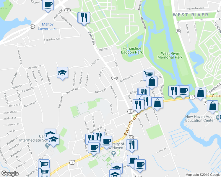 map of restaurants, bars, coffee shops, grocery stores, and more near 79 Hemlock Street in West Haven