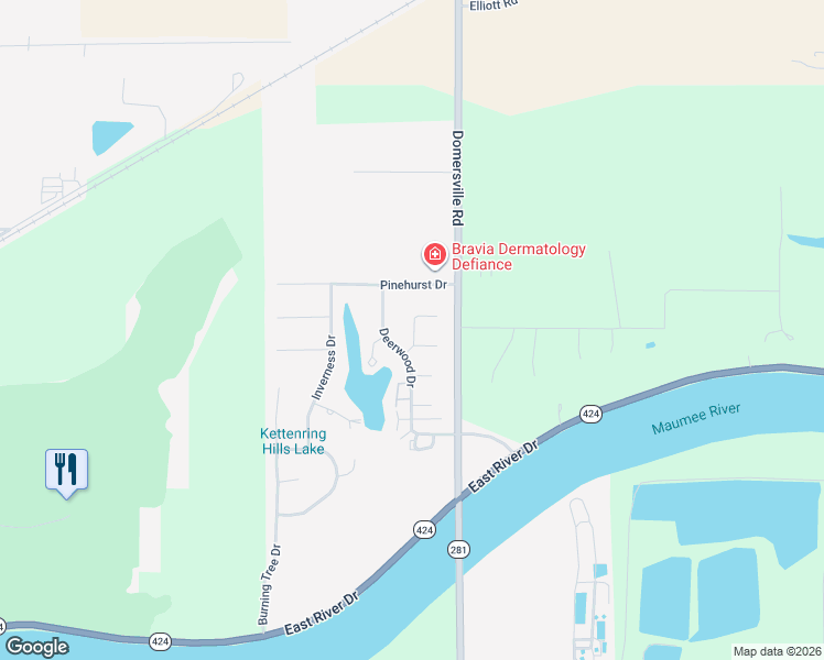 map of restaurants, bars, coffee shops, grocery stores, and more near 833 Deerwood Drive in Defiance