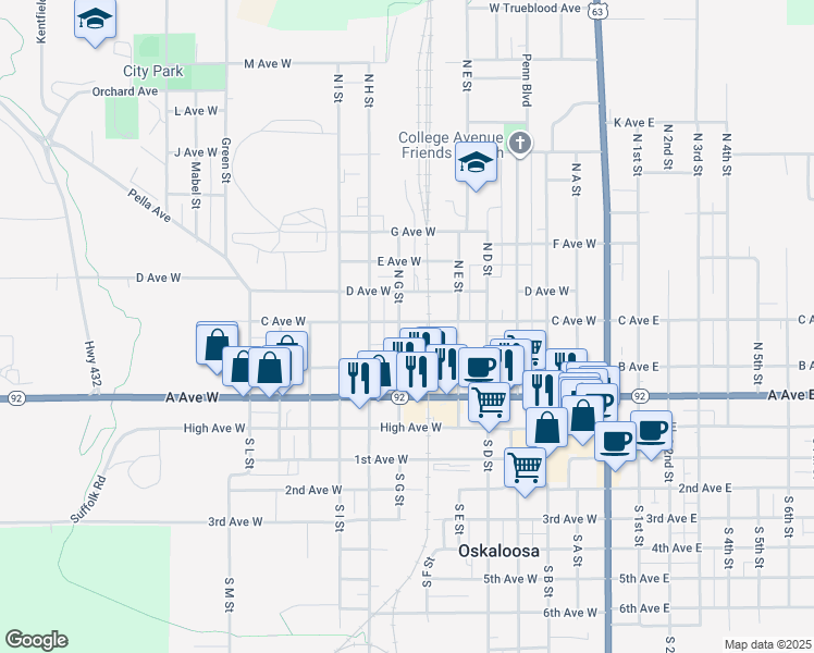 map of restaurants, bars, coffee shops, grocery stores, and more near 353-399 North G Street in Oskaloosa