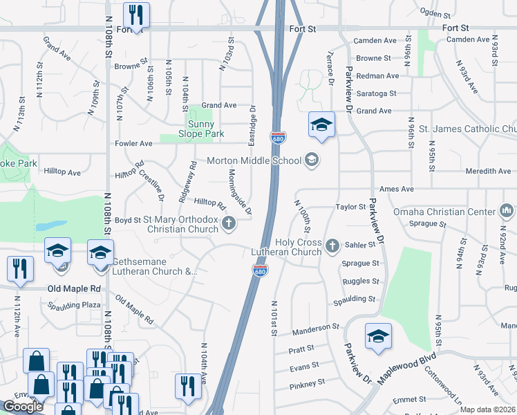 map of restaurants, bars, coffee shops, grocery stores, and more near 4301 Morningside Drive in Omaha