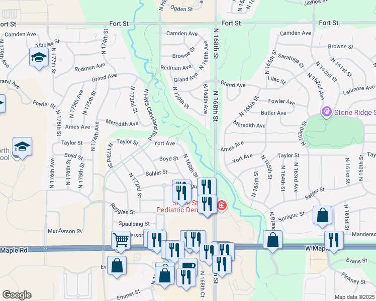 map of restaurants, bars, coffee shops, grocery stores, and more near 4308 North 169th Street in Omaha