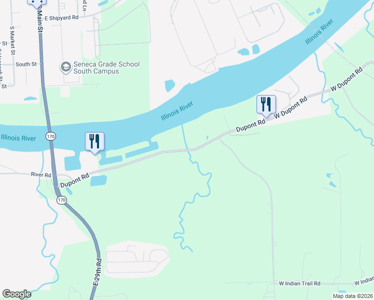 map of restaurants, bars, coffee shops, grocery stores, and more near 2950 North 2553rd Road in Seneca
