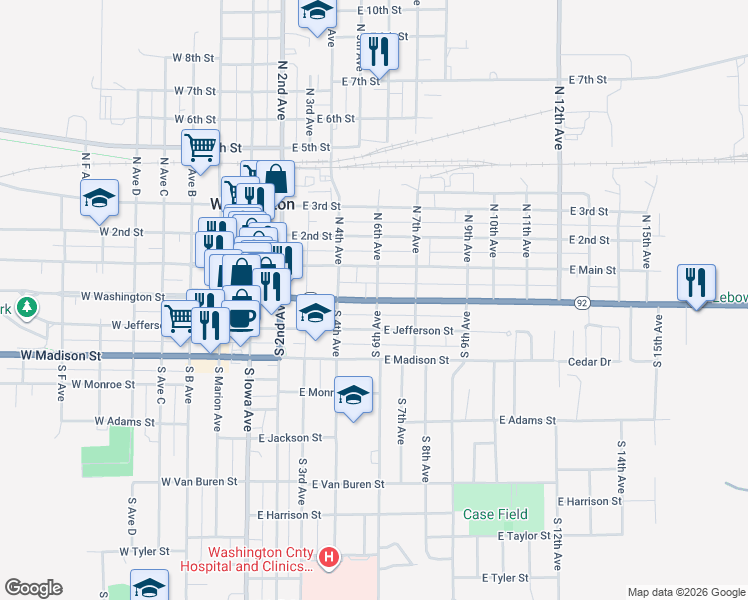 map of restaurants, bars, coffee shops, grocery stores, and more near 499 East Washington Street in Washington