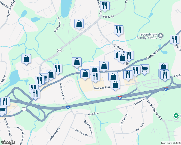 map of restaurants, bars, coffee shops, grocery stores, and more near E Main St & Business Park Dr in Branford