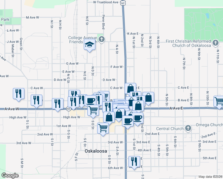 map of restaurants, bars, coffee shops, grocery stores, and more near 321 North B Street in Oskaloosa