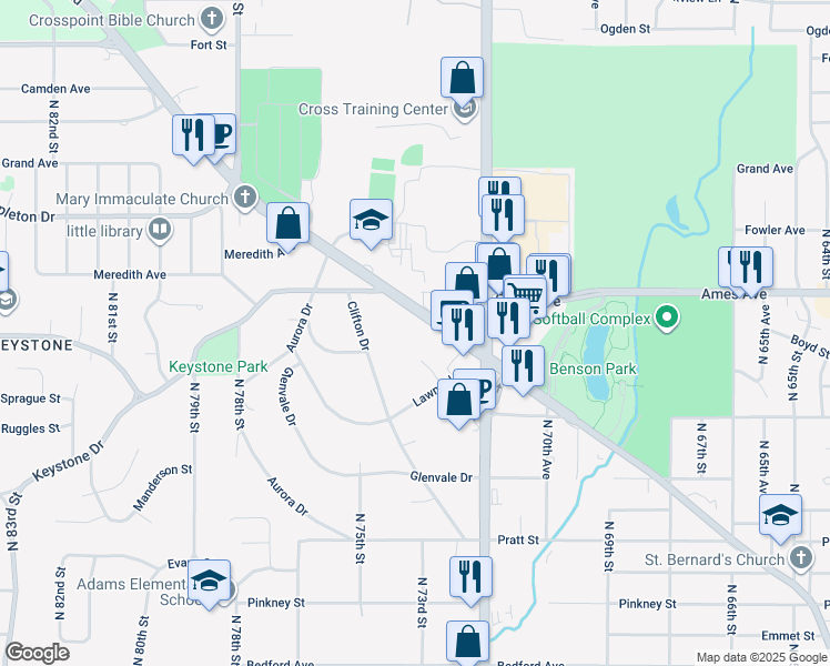 map of restaurants, bars, coffee shops, grocery stores, and more near 7350 Graceland Drive in Omaha