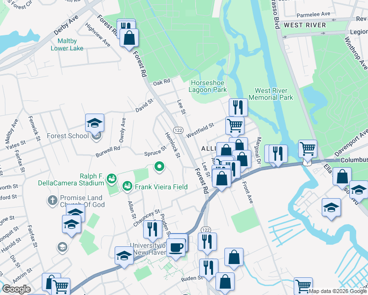 map of restaurants, bars, coffee shops, grocery stores, and more near 79 Hemlock Street in West Haven