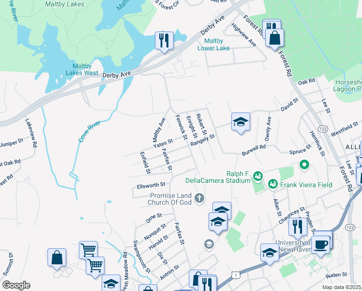 map of restaurants, bars, coffee shops, grocery stores, and more near 71 Rangely Street in West Haven