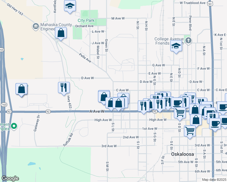 map of restaurants, bars, coffee shops, grocery stores, and more near 367 North L Street in Oskaloosa