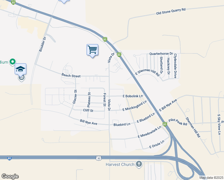 map of restaurants, bars, coffee shops, grocery stores, and more near 2048-2098 Vista Drive in Laramie