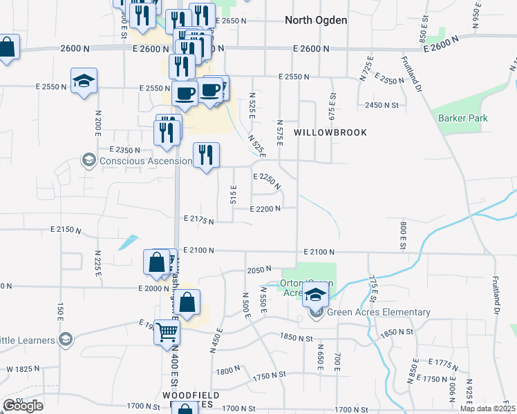 map of restaurants, bars, coffee shops, grocery stores, and more near 527 East 2200 North in North Ogden