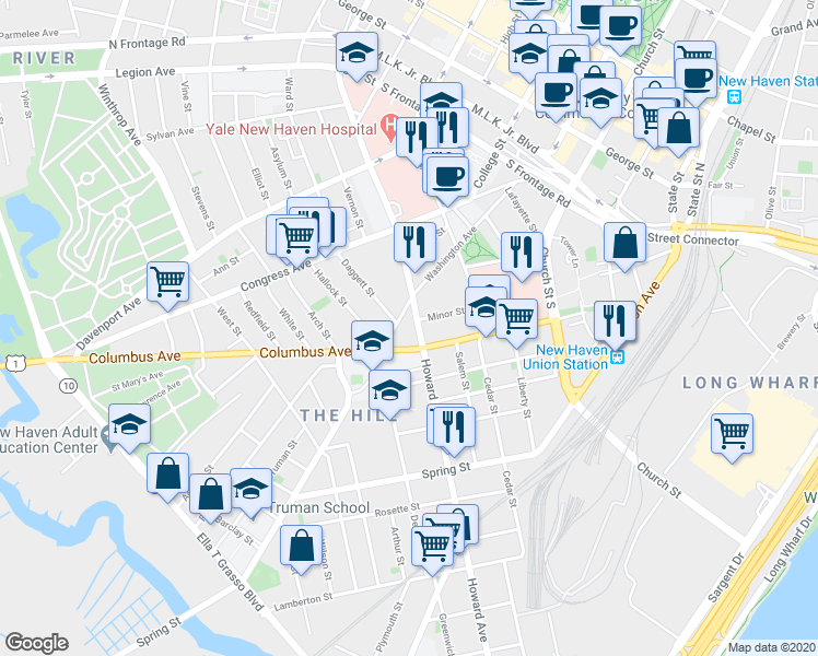 map of restaurants, bars, coffee shops, grocery stores, and more near 622 Howard Avenue in New Haven