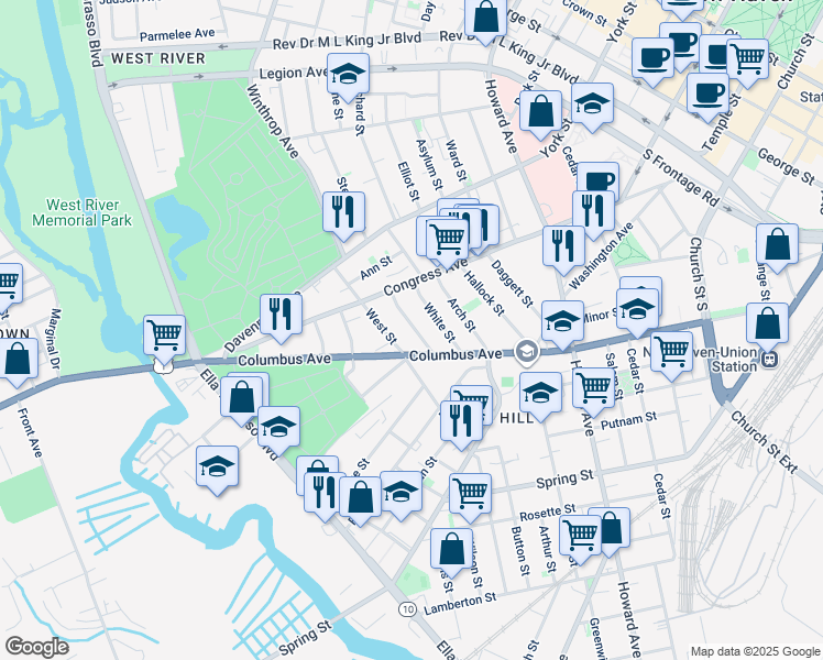 map of restaurants, bars, coffee shops, grocery stores, and more near 437 Columbus Avenue in New Haven